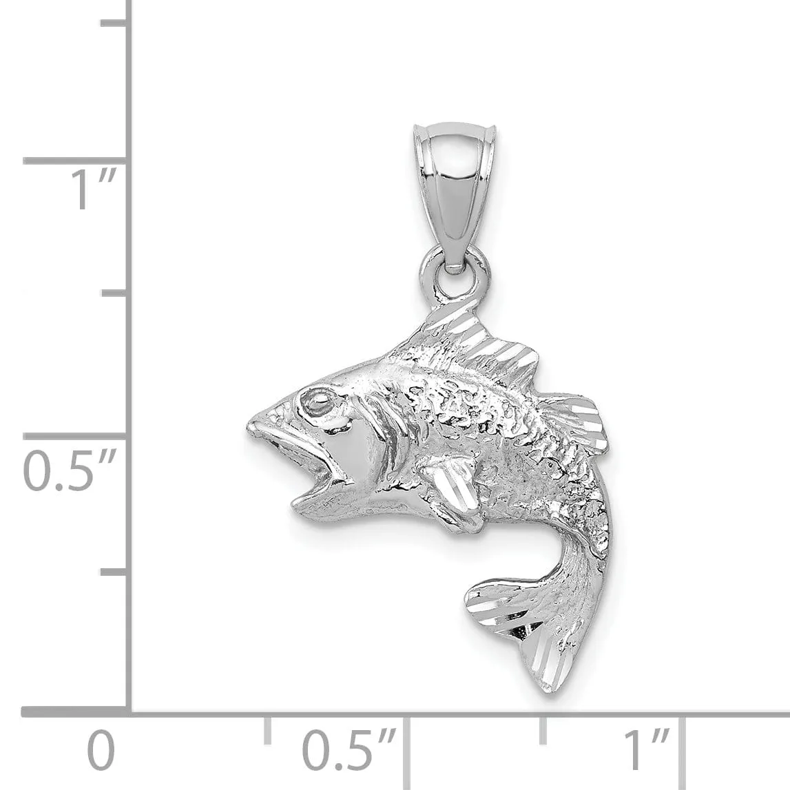 14k White Gold Solid Textured Polished Finish Open Mouthed Bass Fish Charm Pendant