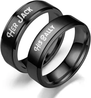 2 Pcs Couples Rings Stainless Steel Engraved His Sally Her Jack Engagement Wedding Bands (Email Sizes)Black 202102JMR01