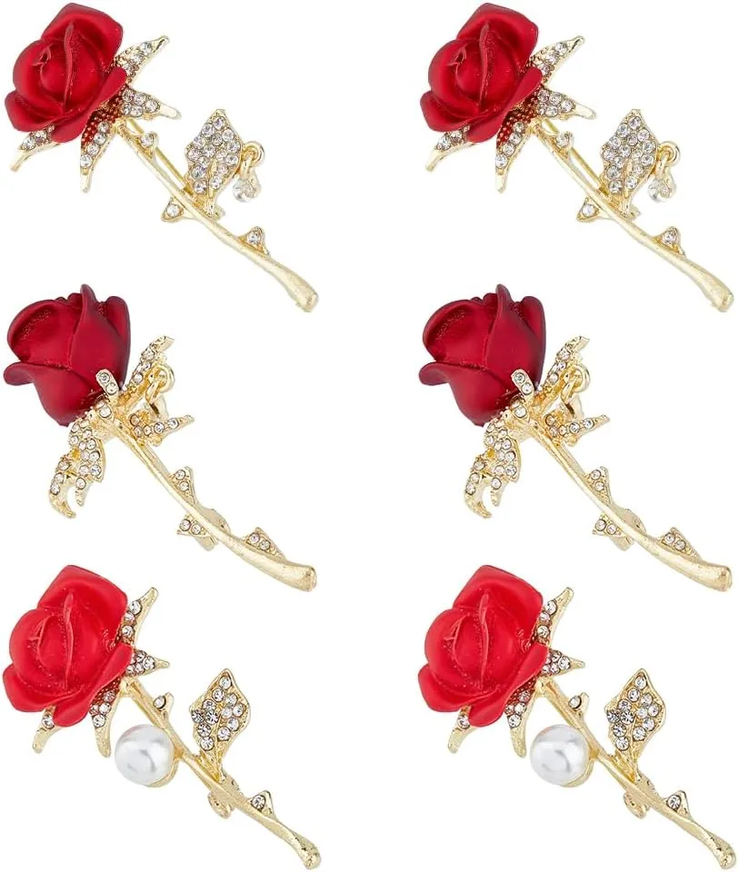 6Pcs 3 Styles Red Rhinestone Flower Brooch Crystal Pearl Badge Pin Alloy Rose Flower Weddings Brooch Pins Small for Women To Birthday Party Clothing Jewelry Accessories Gifts