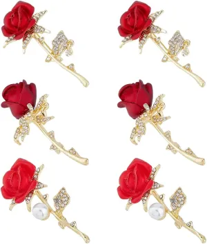 6Pcs 3 Styles Red Rhinestone Flower Brooch Crystal Pearl Badge Pin Alloy Rose Flower Weddings Brooch Pins Small for Women To Birthday Party Clothing Jewelry Accessories Gifts