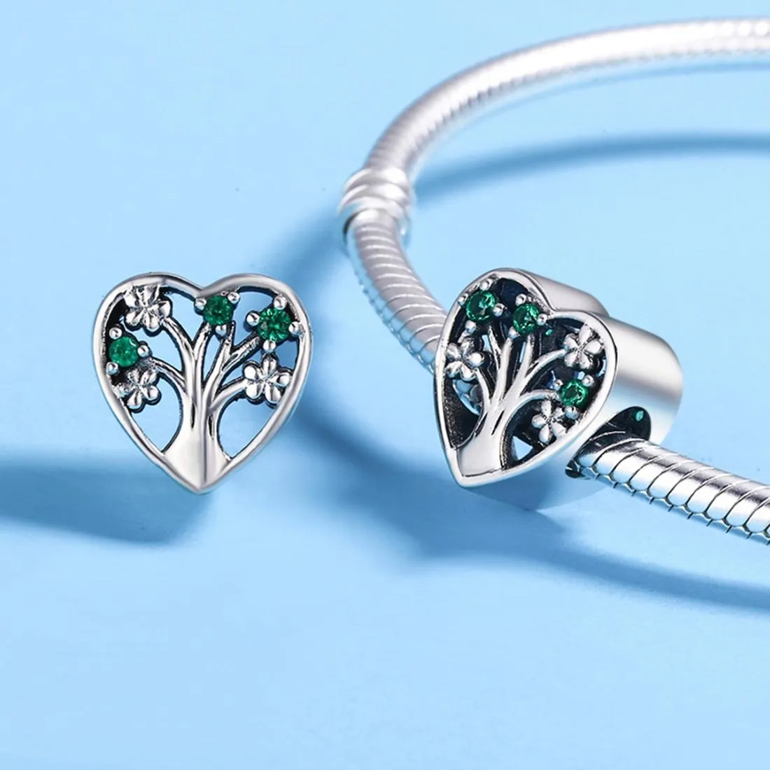 925 Sterling Silver Tree Of Life Heart Bracelet & Clear Beads