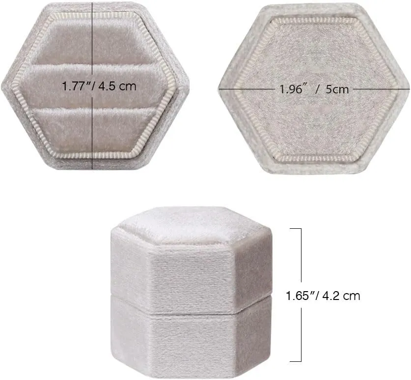 BLUTETE Hexagon Velvet 2 Slots Jewelry Ring Box Engagement Ring Box Wedding Day Detachable Lid for Proposal Engagement Wedding Ceremony (Beige)