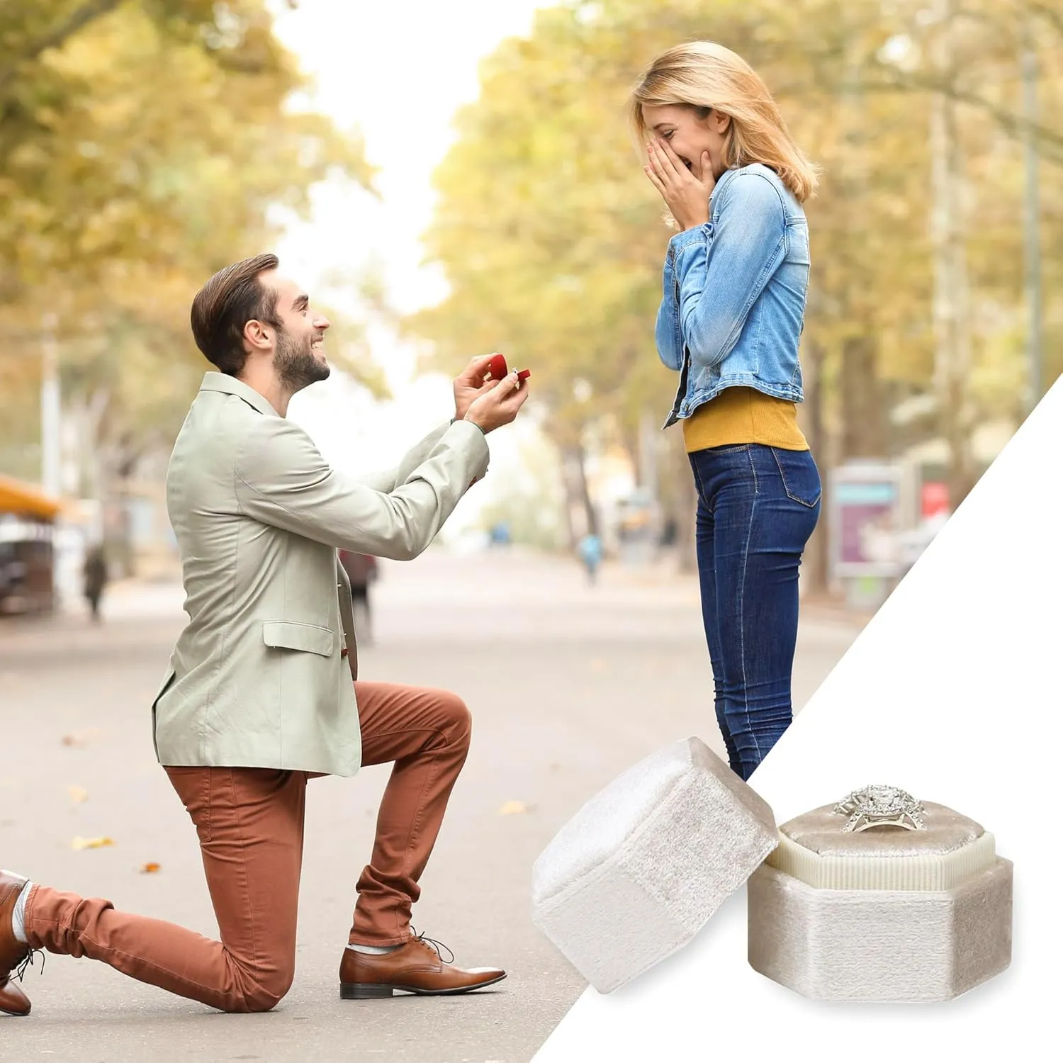 BLUTETE Hexagon Velvet 2 Slots Jewelry Ring Box Engagement Ring Box Wedding Day Detachable Lid for Proposal Engagement Wedding Ceremony (Beige)