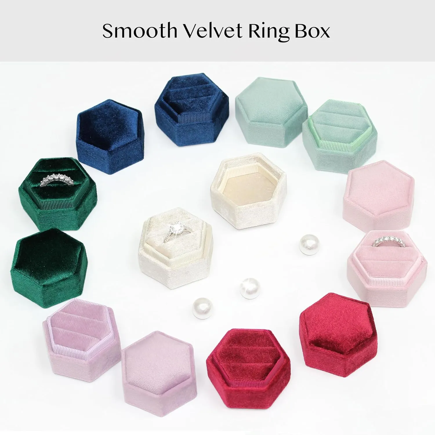 BLUTETE Hexagon Velvet 2 Slots Jewelry Ring Box Engagement Ring Box Wedding Day Detachable Lid for Proposal Engagement Wedding Ceremony (Beige)