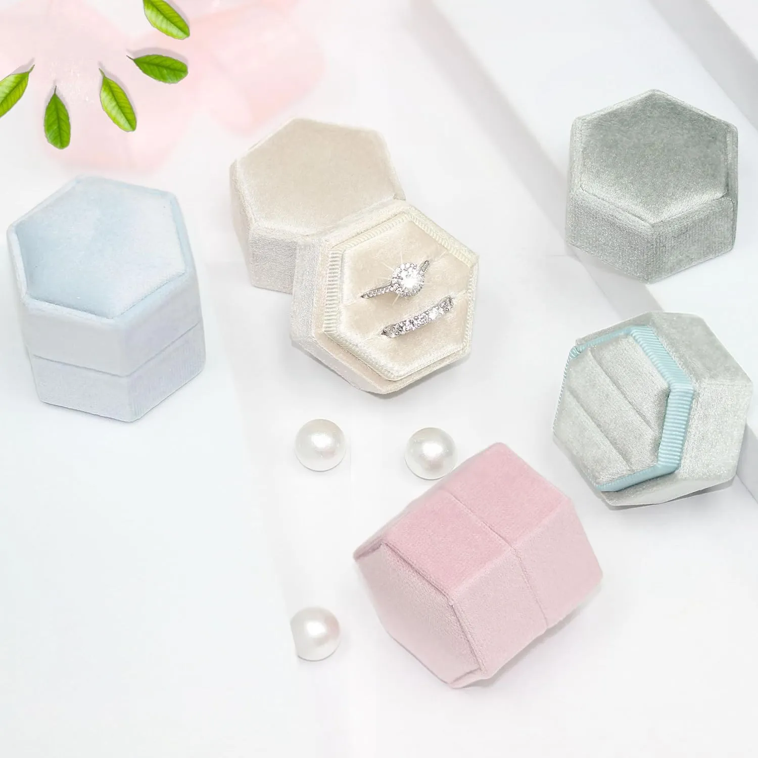 BLUTETE Hexagon Velvet 2 Slots Jewelry Ring Box Engagement Ring Box Wedding Day Detachable Lid for Proposal Engagement Wedding Ceremony (Beige)