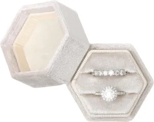 BLUTETE Hexagon Velvet 2 Slots Jewelry Ring Box Engagement Ring Box Wedding Day Detachable Lid for Proposal Engagement Wedding Ceremony (Beige)