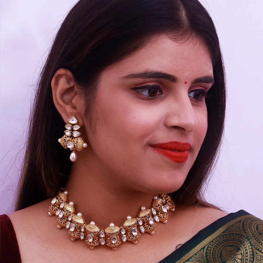 Designer Gold Plated Royal Kundan Choker Style Necklace with Earrings (D373)