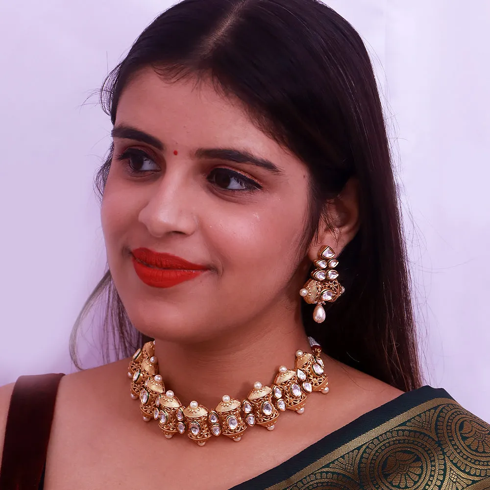 Designer Gold Plated Royal Kundan Choker Style Necklace with Earrings (D373)