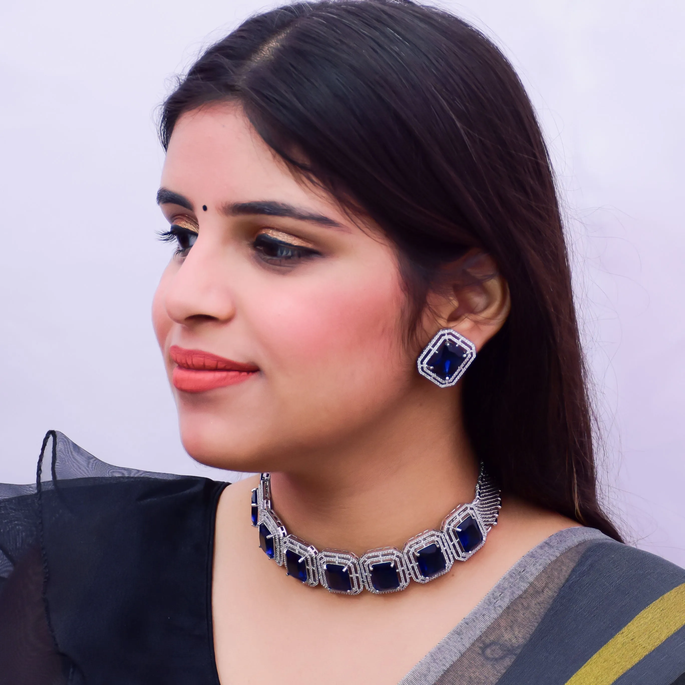 Designer Semi-Precious American Diamond blue Color Choker Style Necklace with Earrings (D672)