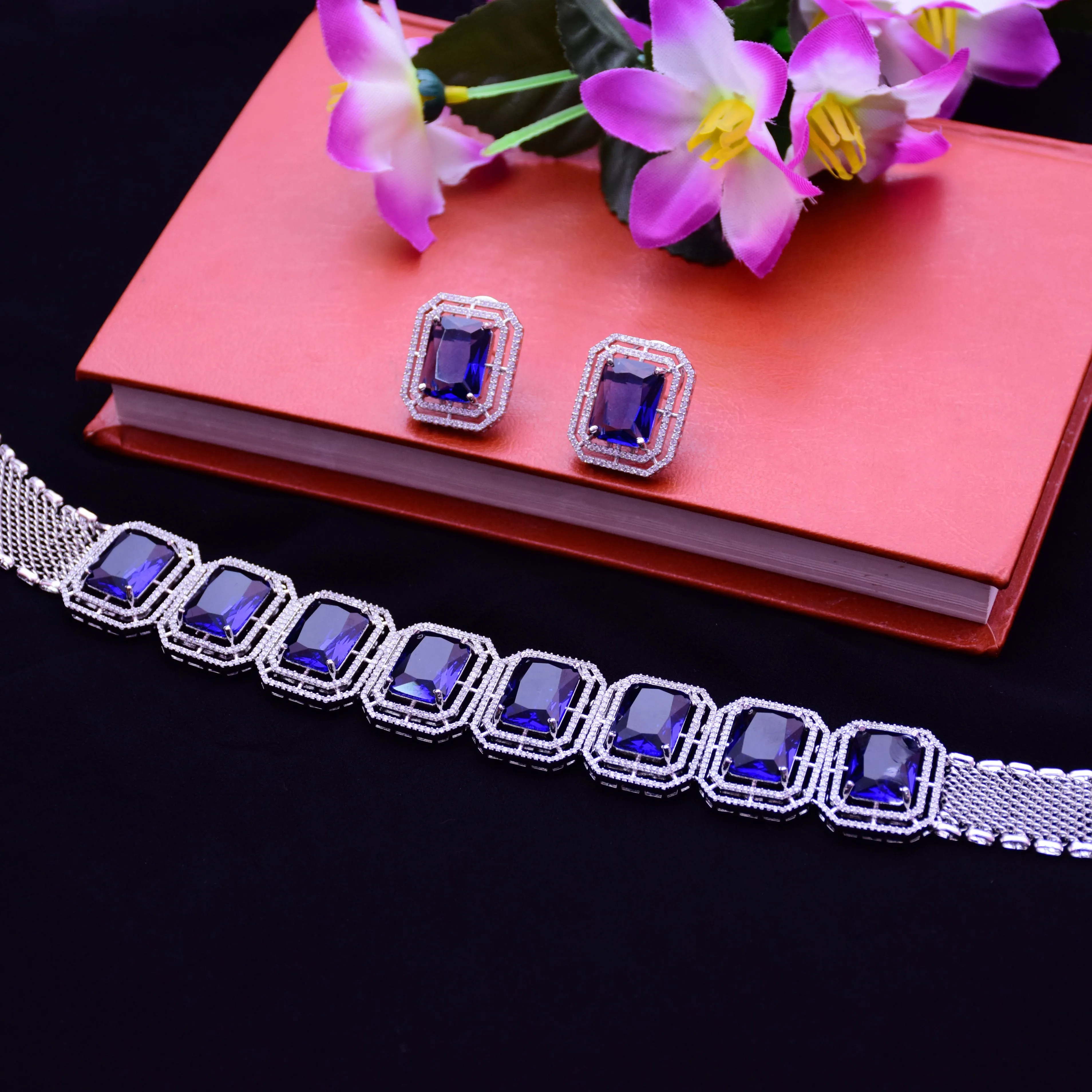 Designer Semi-Precious American Diamond blue Color Choker Style Necklace with Earrings (D672)