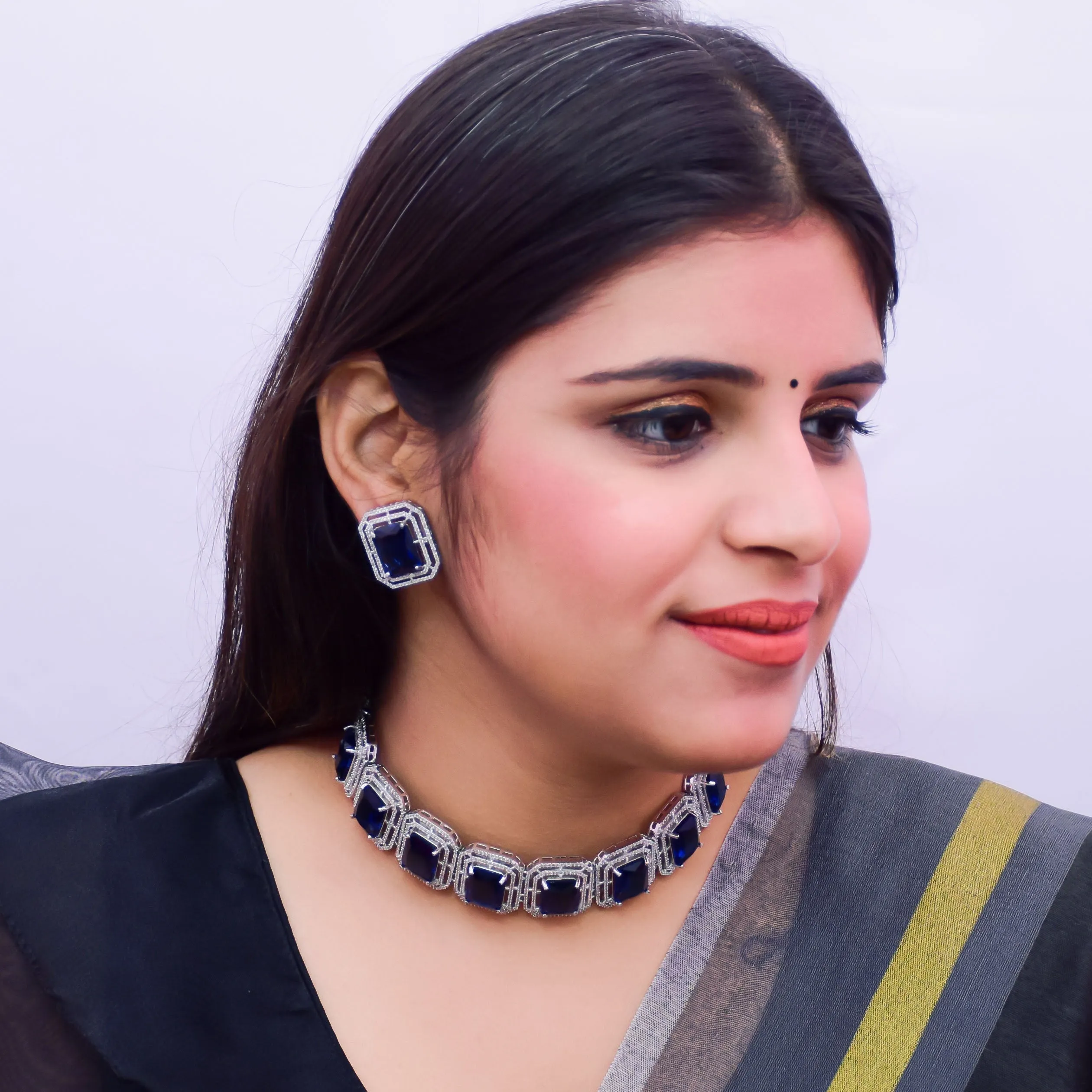 Designer Semi-Precious American Diamond blue Color Choker Style Necklace with Earrings (D672)