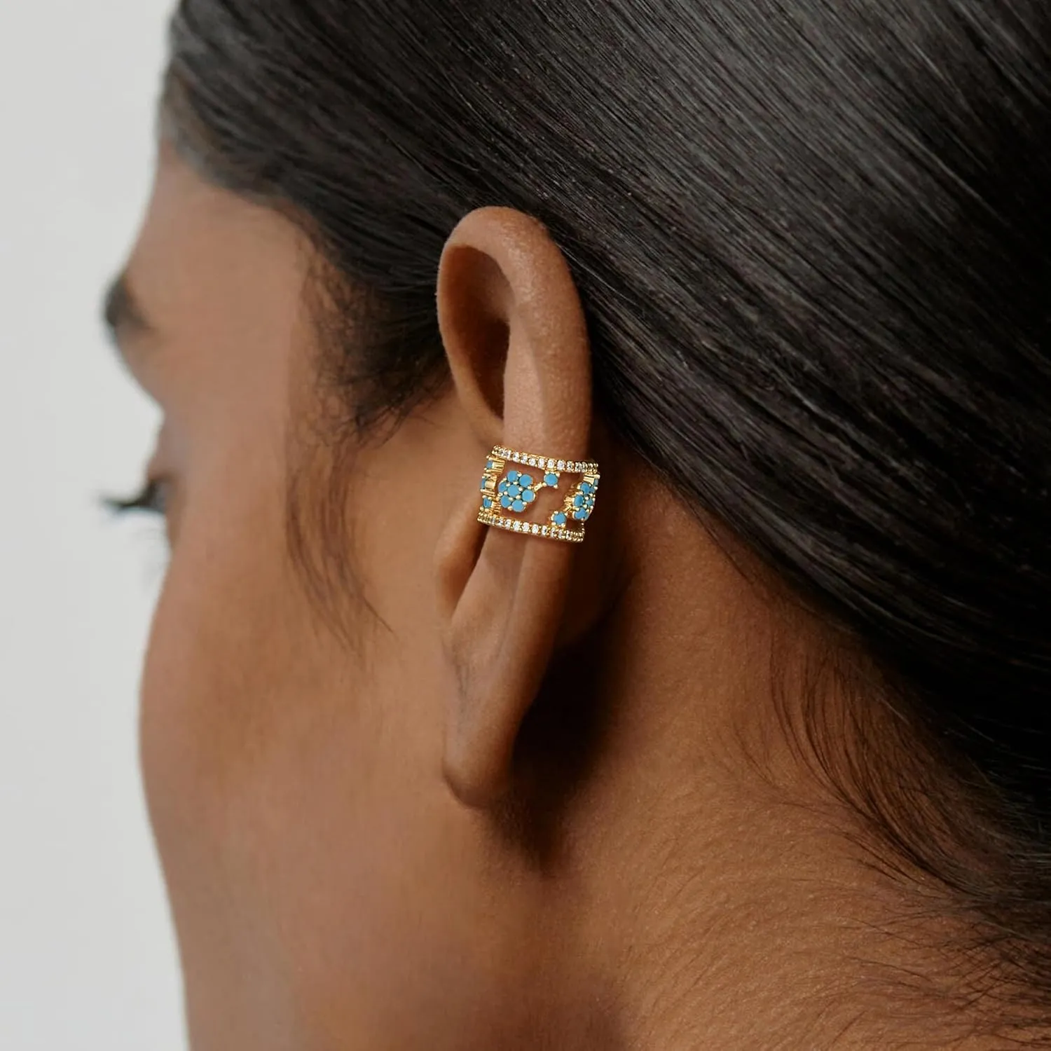 Ear Cuff Earrings for Women 14K Gold Plated Created Turquoise Cubic Zirconia Sparkling Boho Hollow Huggie Ear Cuffs Non Piercing | Clip On Cartilage | Single