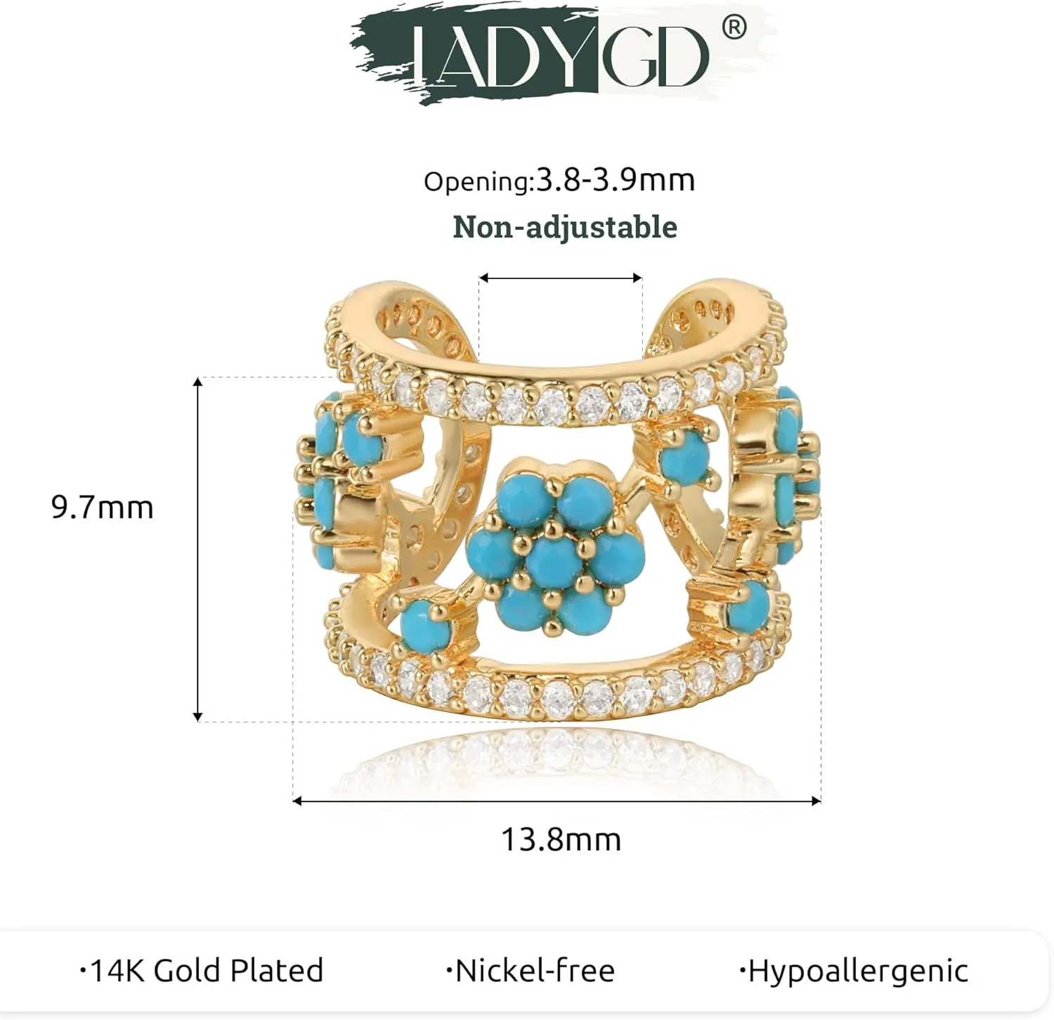Ear Cuff Earrings for Women 14K Gold Plated Created Turquoise Cubic Zirconia Sparkling Boho Hollow Huggie Ear Cuffs Non Piercing | Clip On Cartilage | Single