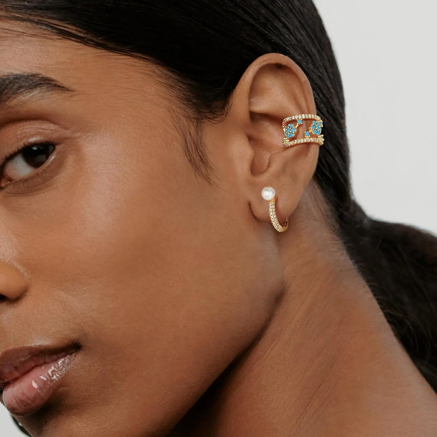 Ear Cuff Earrings for Women 14K Gold Plated Created Turquoise Cubic Zirconia Sparkling Boho Hollow Huggie Ear Cuffs Non Piercing | Clip On Cartilage | Single