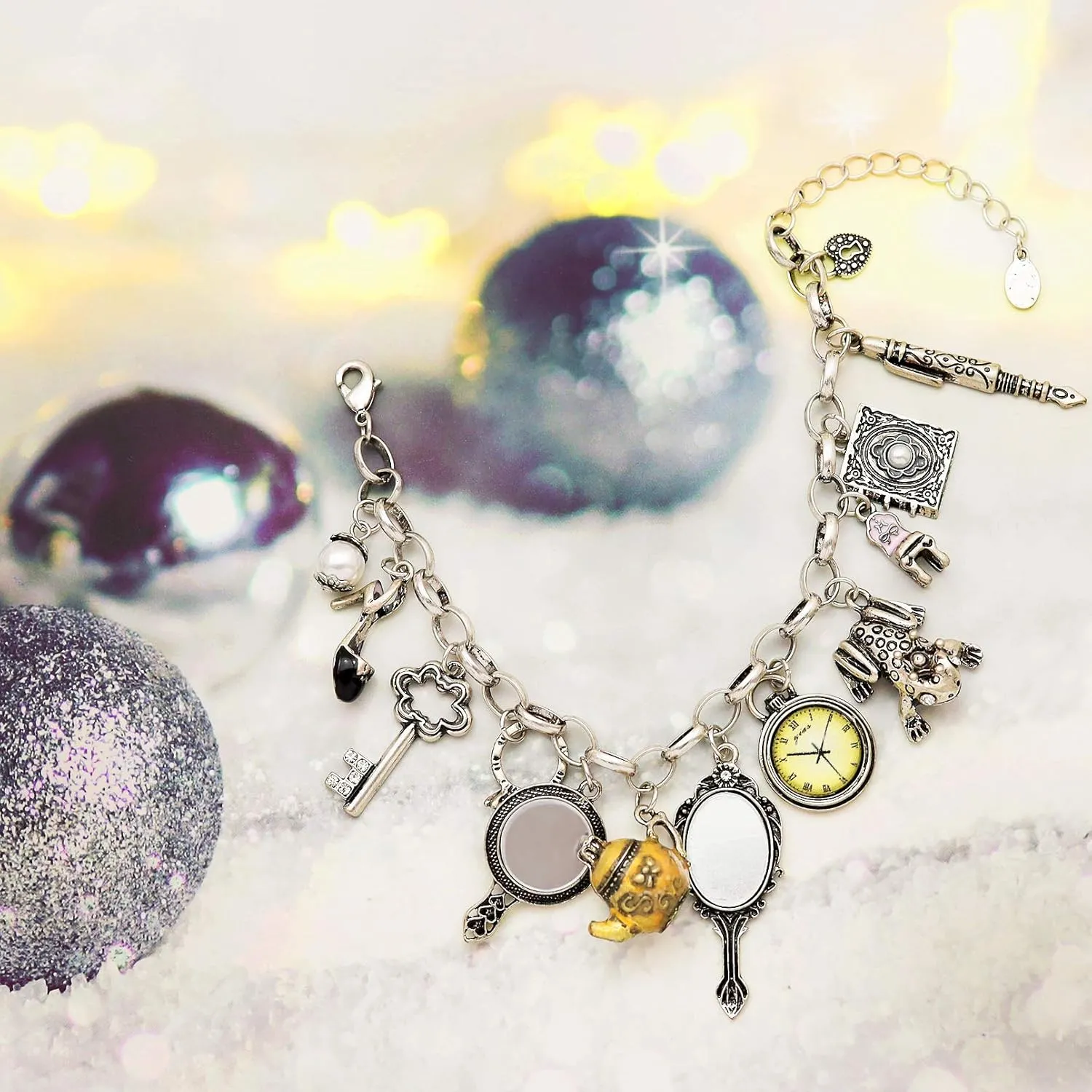 Fairytale Lucky Charms Link Chain Cuff Bangle Bracelet Wonderland Style Frog Mirror Clock Heart Teapot Pendants Party Friendship Gift