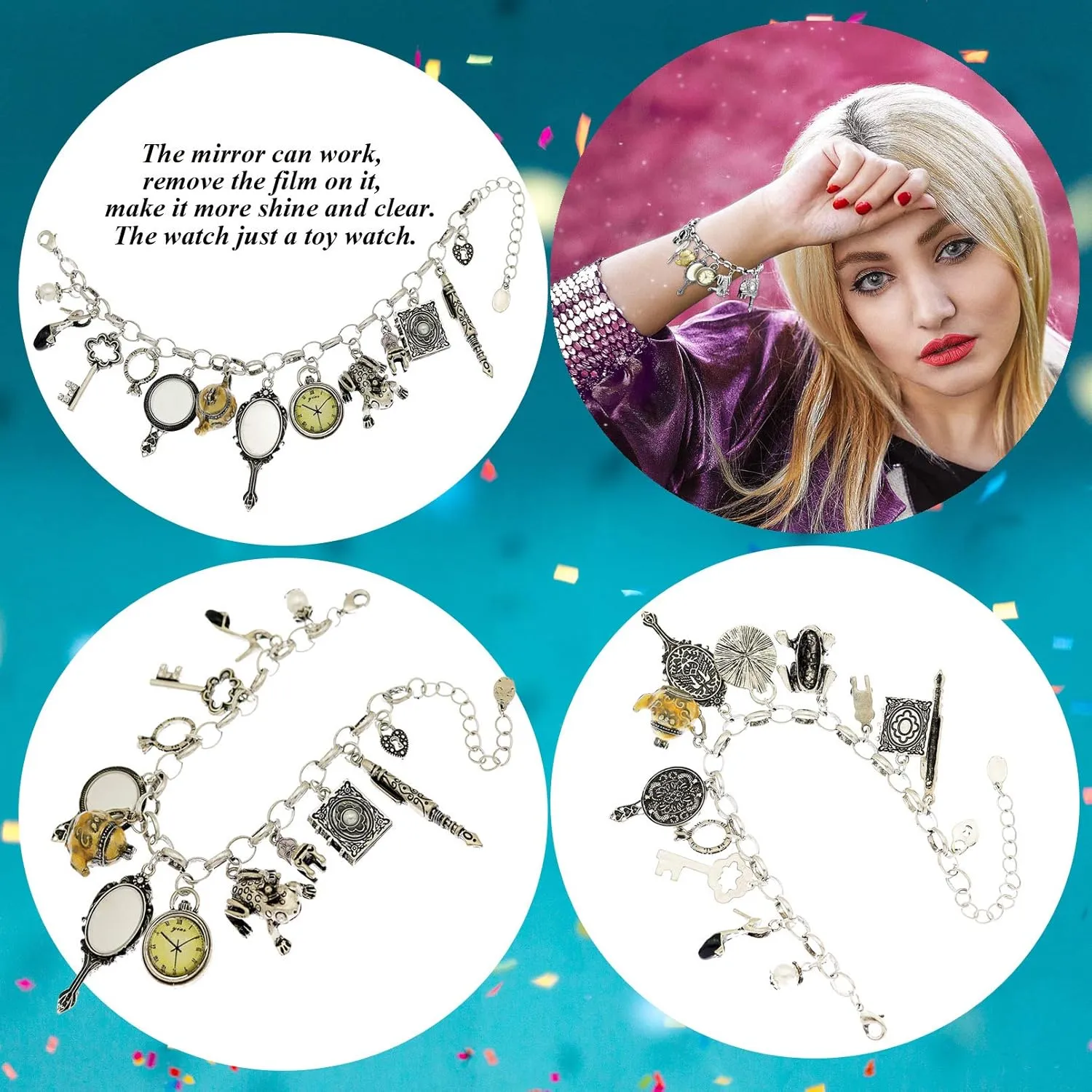 Fairytale Lucky Charms Link Chain Cuff Bangle Bracelet Wonderland Style Frog Mirror Clock Heart Teapot Pendants Party Friendship Gift