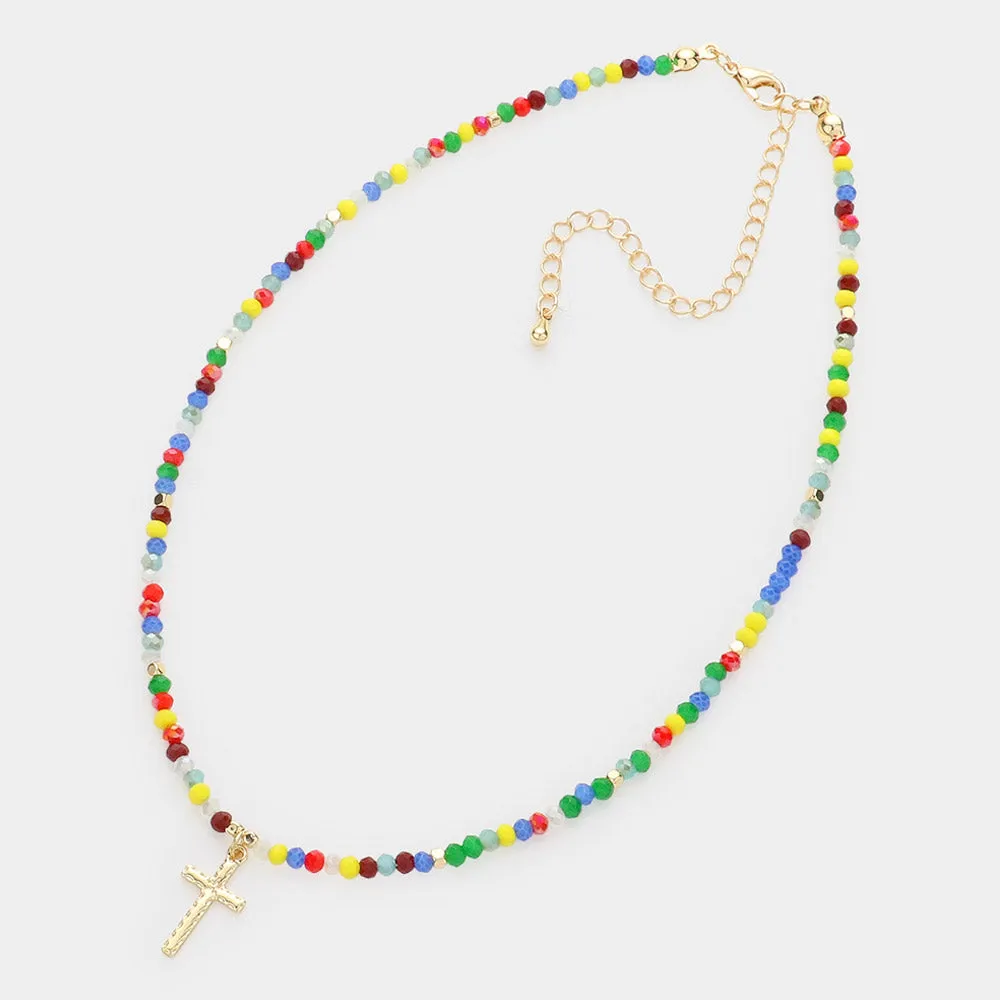 iLLASPARKZ Cross Pendant Faceted Beaded Choker Necklace