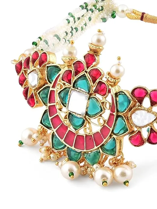 Pink & Green Meenakari Multistrand Pearls Choker Necklace & Earring