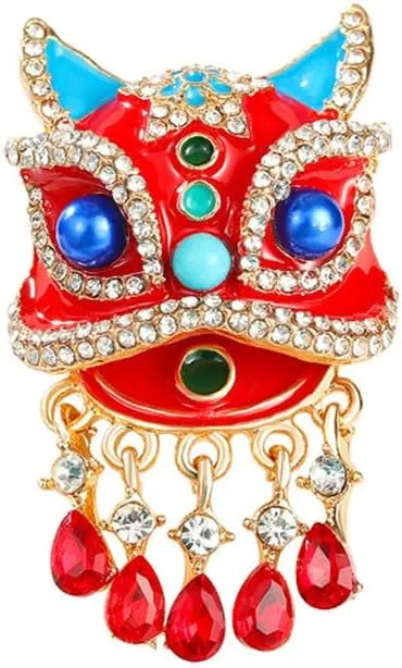 Red Lion Crystal Brooch Pin for Women Gold-Toned Fashion Rhinestone Enamel Cartoon Dragon Animal Head Lucky Chinese Festival Holiday Dress Accessories Jewelry