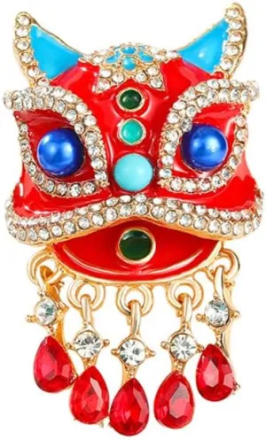 Red Lion Crystal Brooch Pin for Women Gold-Toned Fashion Rhinestone Enamel Cartoon Dragon Animal Head Lucky Chinese Festival Holiday Dress Accessories Jewelry